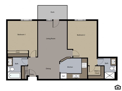 Floor plan for 2 beds, 2 baths, 1000 sqft